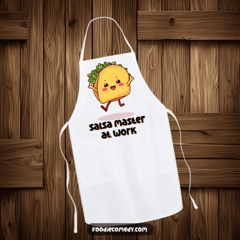 Funny Taco Apron: A taco with legs dances the salsa, perfect for kitchen fiesta fun.