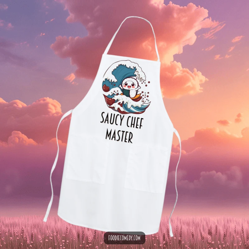 Funny apron featuring a cheerful sushi roll character surfing a large soy sauce wave, perfect for cooking and baking.