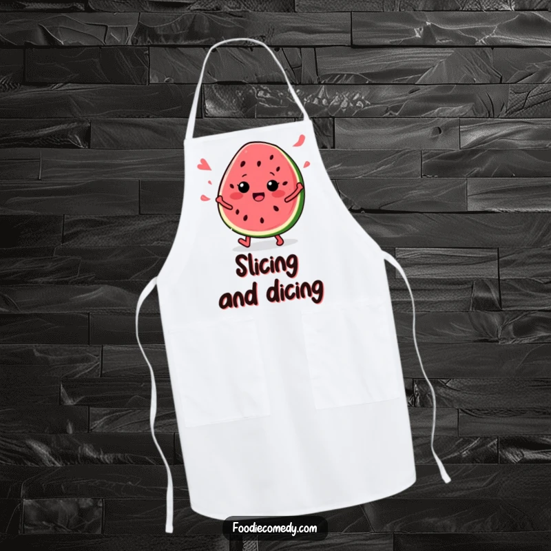 Funny Watermelon Kitchen Apron: A watermelon slice in a dancing pose, ready to cook and bring smiles to the kitchen.