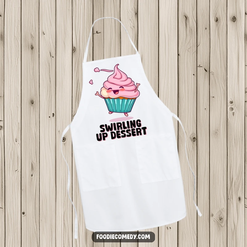 Funny apron designed with a cupcake character twirling with frosting in the air, bringing a playful and sweet touch to cooking and baking. An ideal funny kitchen gift.