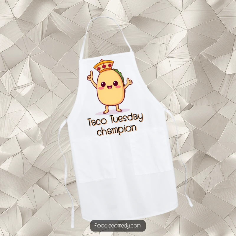 Funny apron showcasing a happy kawaii taco character doing a lively victory dance, complete with a mini sombrero, for kitchen fun.