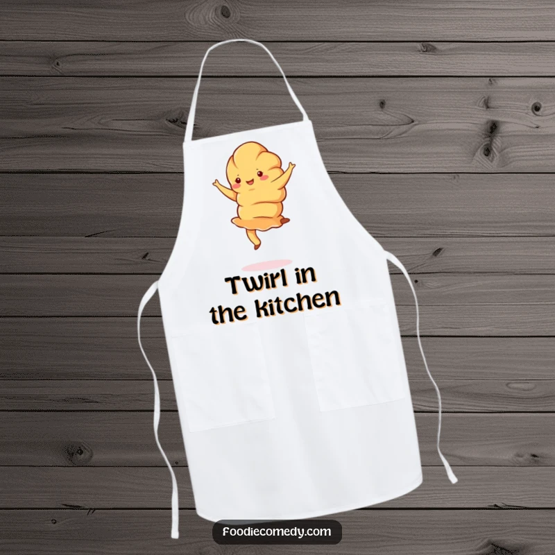 Funny croissant apron showing a jubilant croissant doing a graceful pirouette, perfect for bakers who love elegance and humor.