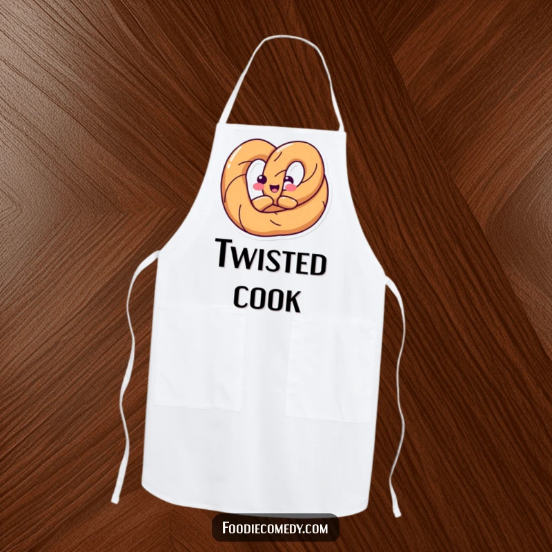 Funny apron showing a happy pretzel twisting its body into a fun shape, ideal for adding humorous flair to cooking.