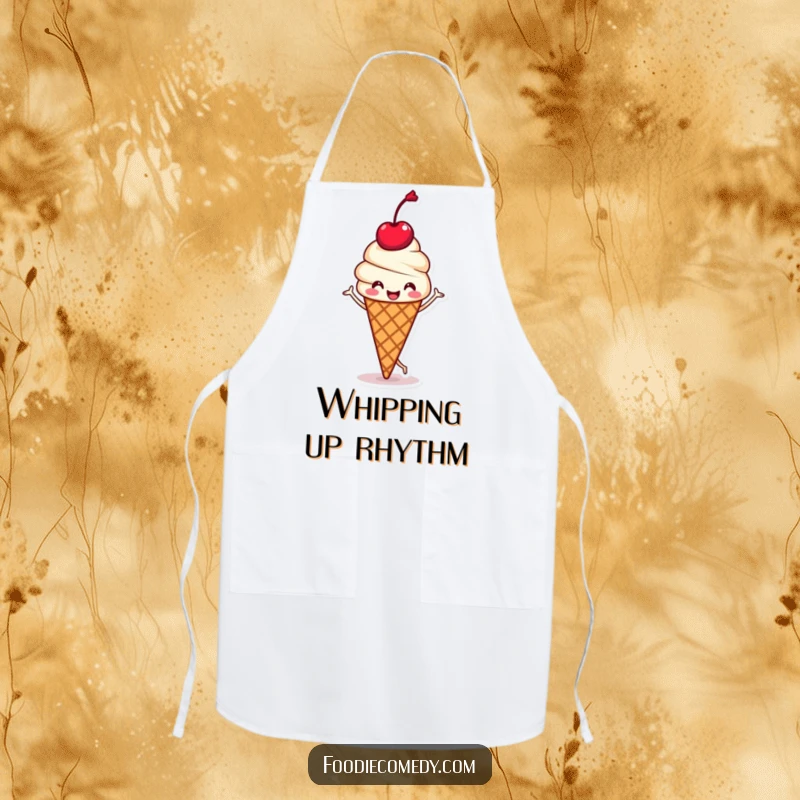 Funny apron featuring a kawaii ice cream cone with a cherry head doing a happy jig, designed for kitchen fun and sweet humor.