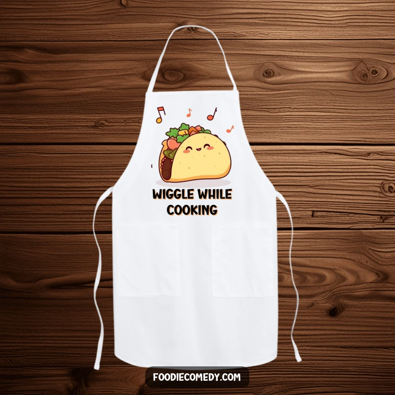 Funny taco apron showing a taco with a shell jiggling rhythmically, perfect for cooking and parties.