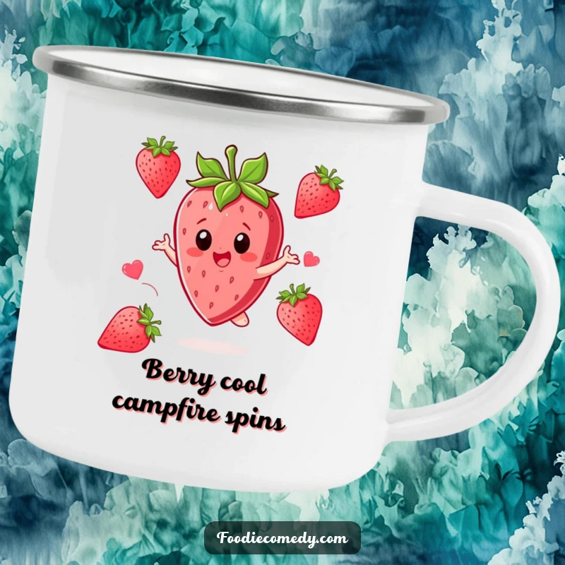Funny Strawberry Camping Mug: A strawberry character twirls with excitement, ready for outdoor fun.