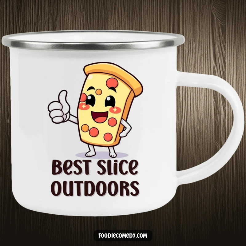 Funny pizza slice camping mug with a cheesy grin and thumbs-up, designed for outdoor enjoyment and humor.