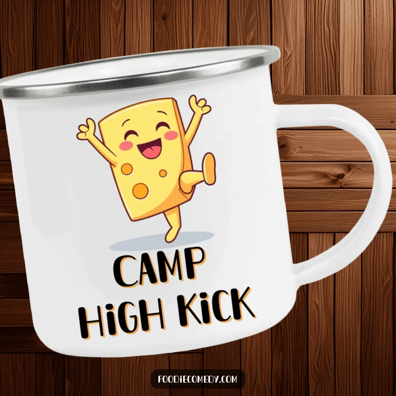 Funny smiling cheese wedge doing a high kick on a durable camping mug, perfect for outdoor celebrations.