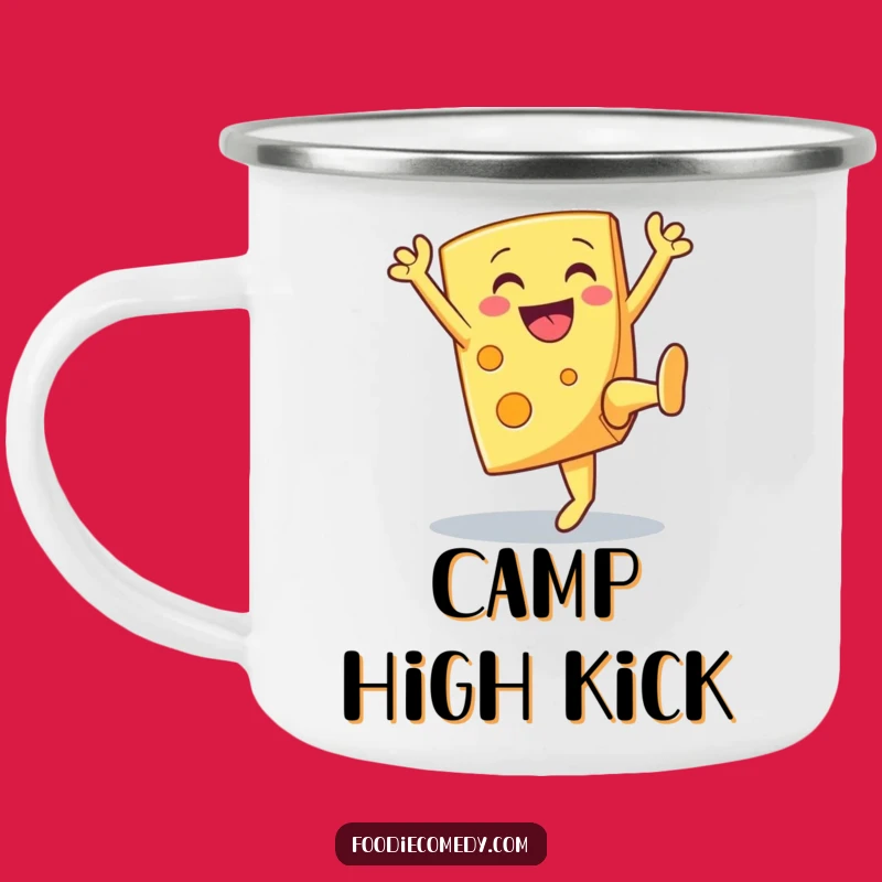 Funny Cheese High Kick Camping Mug a Celebratory Outdoor Companion