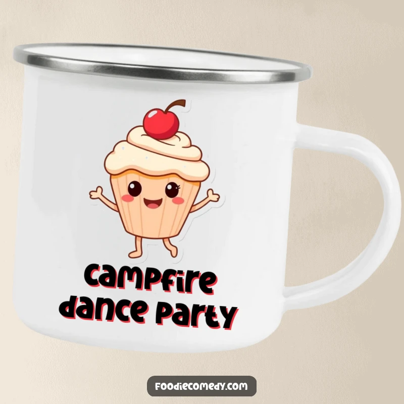 Funny camping mug featuring a smiling cupcake with a cherry, dancing with delight, bringing sweet cheer to outdoor settings.