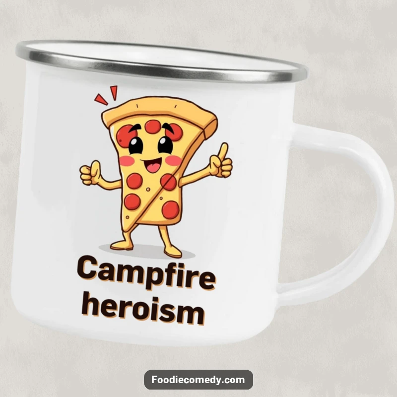 Funny pizza slice camping mug showing a proud character in a heroic pose, ideal for outdoor drinks.