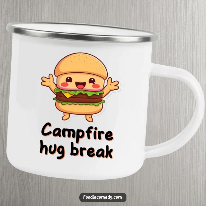 Funny happy burger camping mug, a welcoming character with open arms ready for outdoor embraces.
