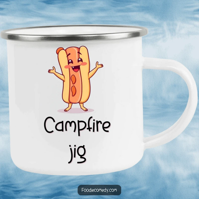Funny hot dog character doing the Charleston on a camping mug, perfect for outdoor fun and humor.
