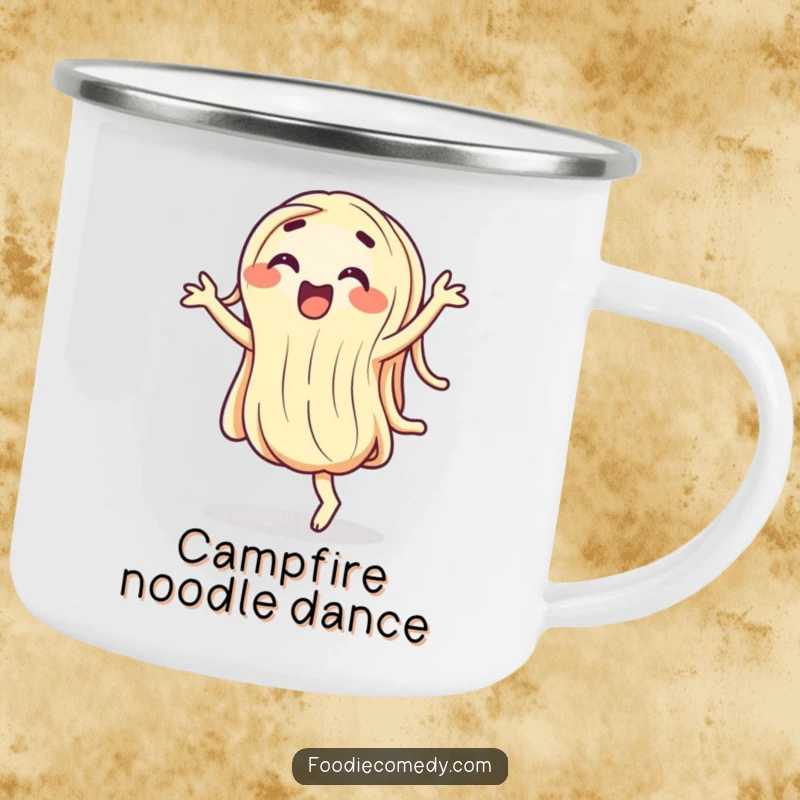 Funny wiggling noodle camping mug, a cartoon pasta character doing a silly dance, built for outdoor fun.