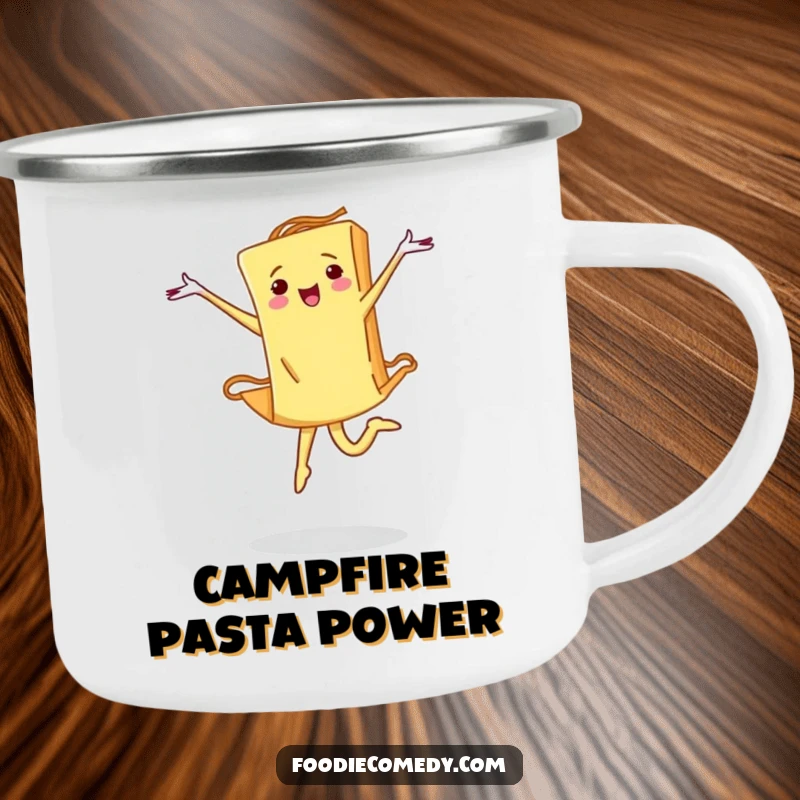Funny pasta camping mug featuring a determined piece of pasta performing a ballet leap, perfect for enjoying beverages outdoors with artistic flair.
