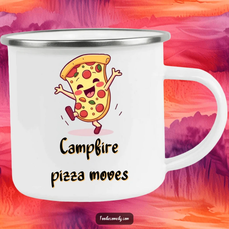 Funny pizza camping mug, a slice breakdancing with toppings, for outdoor adventures and foodie fun.