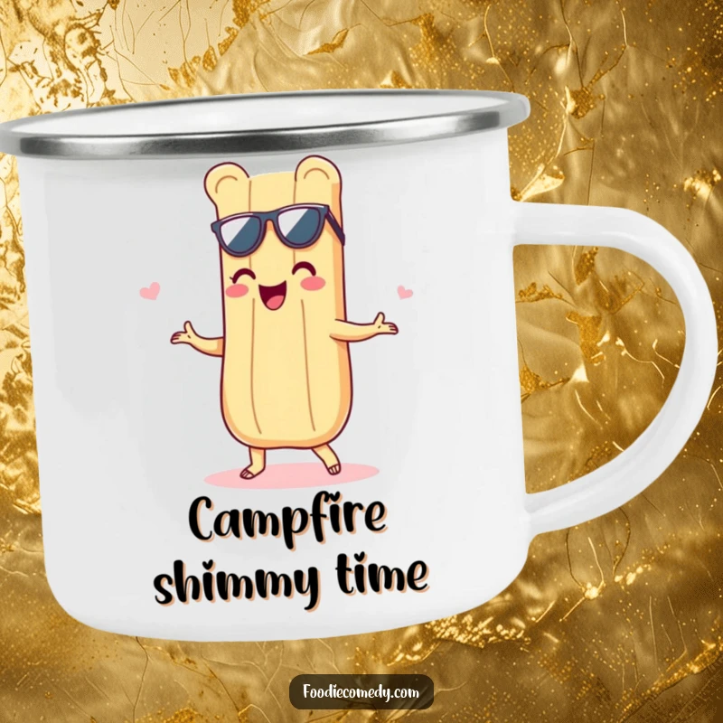Funny camping mug featuring a delighted baguette grooving with a shimmy, perfect for enjoying drinks during outdoor adventures.