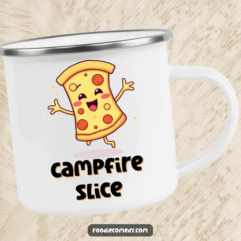 Funny camping mug featuring a pizza slice in a disco groove, perfect for outdoor adventures and humorous refreshment.