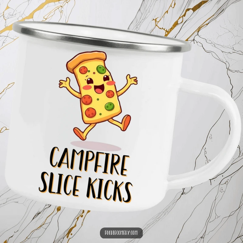 Funny camping mug featuring a pizza slice doing energetic kicks, perfect for enjoying drinks outdoors with a humorous food theme.