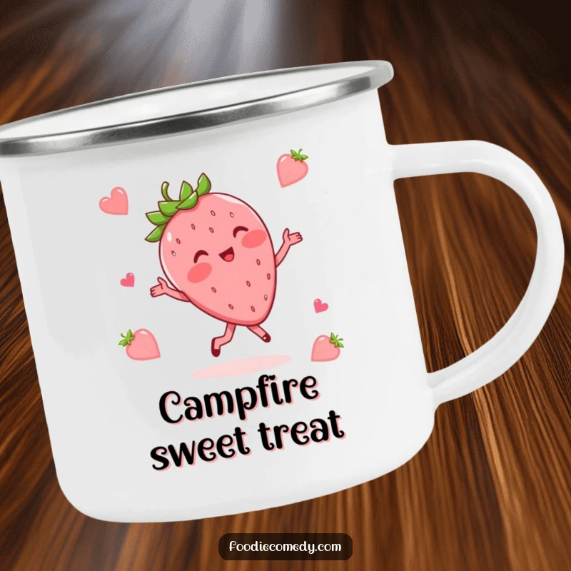 Funny camping mug with a blushing strawberry doing a whimsical waltz, perfect for delightful outdoor moments.