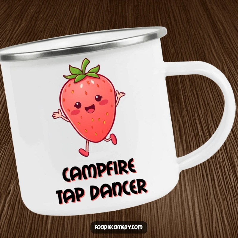 Funny strawberry camping mug, smiling and performing a rhythmic tap dance, for outdoor fruity adventures.