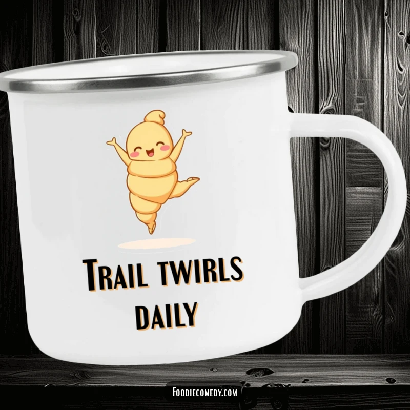 Funny croissant character doing a ballet leap on a camping mug, combining elegance with outdoor humor.