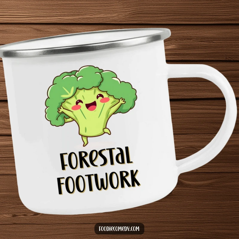 Funny broccoli camping mug with a happy broccoli doing a kick-ball-change, ideal for outdoor enthusiasts.