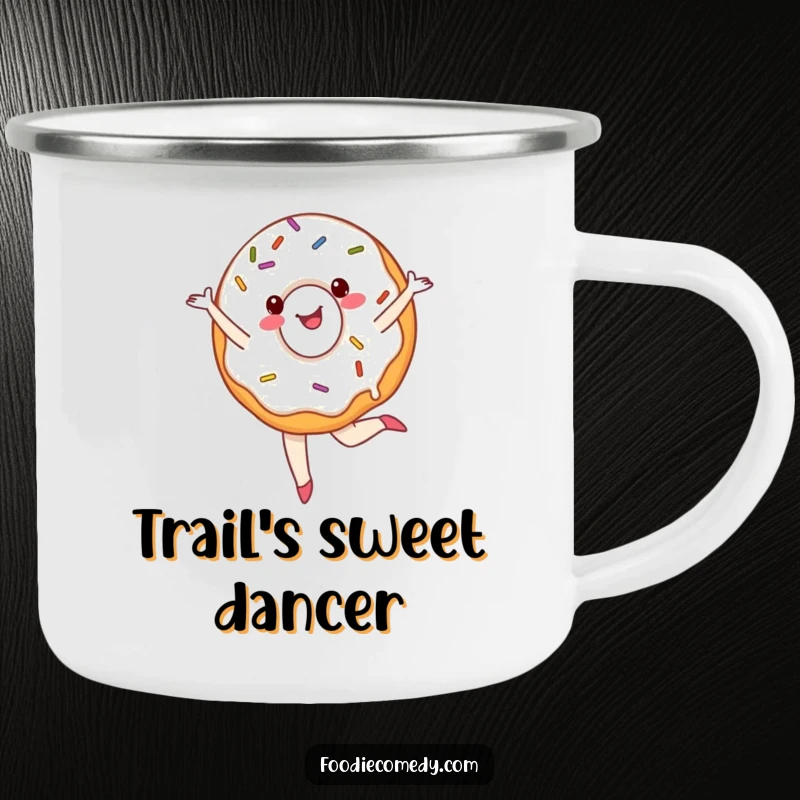 Funny ballet donut camping mug, perfect for drinks with a cheerful, sprinkled donut performing a pirouette for sweet humor.