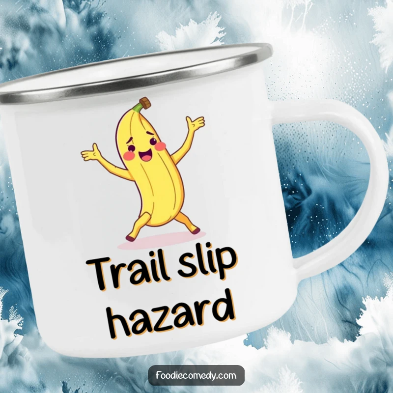 Funny banana peel camping mug with a peel doing a clumsy breakdance move, ideal for outdoor enthusiasts.