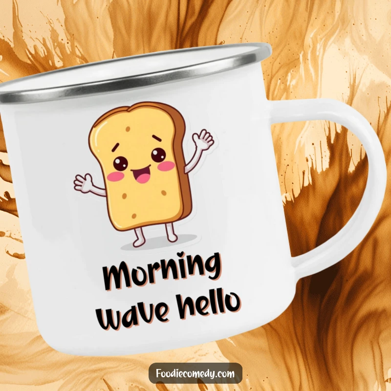 Funny camping mug showcasing a bread loaf character waving hello, perfect for outdoor adventures and adding a dose of cheer to your travels. A durable funny gift.