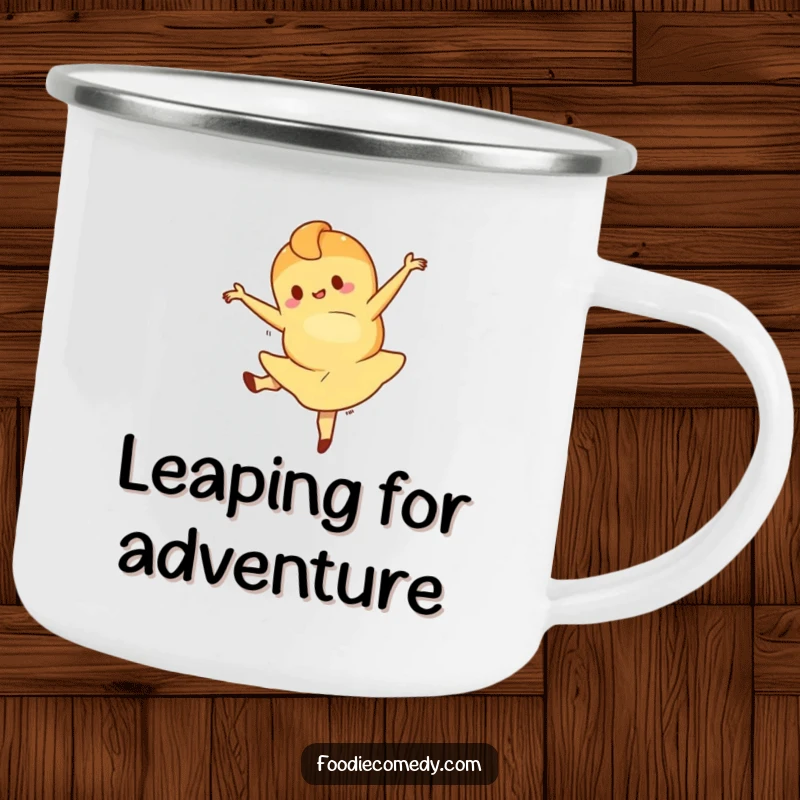 Funny camping mug showcasing a croissant character in a ballet leap, perfect for outdoor adventures and adding a dose of elegant humor to your travels. A durable funny gift.