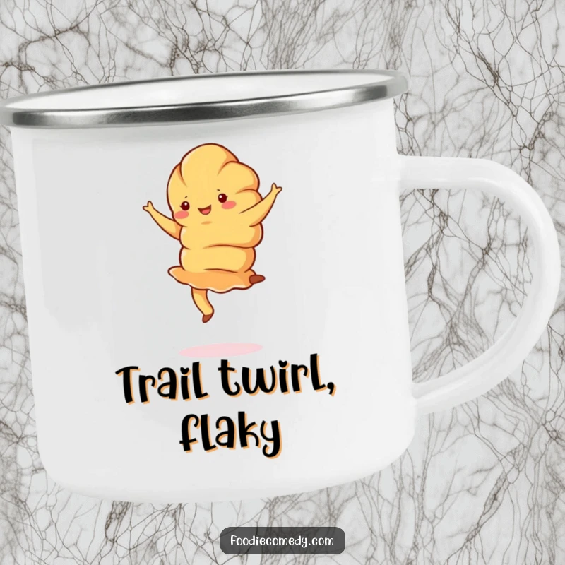 Funny croissant camping mug with a jubilant croissant doing a graceful pirouette, perfect for enjoying coffee outdoors with style.