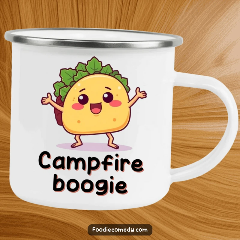 Funny dancing taco camping mug, perfect for outdoor drinks with a groovy food theme and humorous vibes.