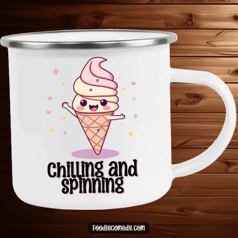 Funny camping mug with a vivid illustration of an ice cream cone doing a disco spin, perfect for outdoor fun and beverages.