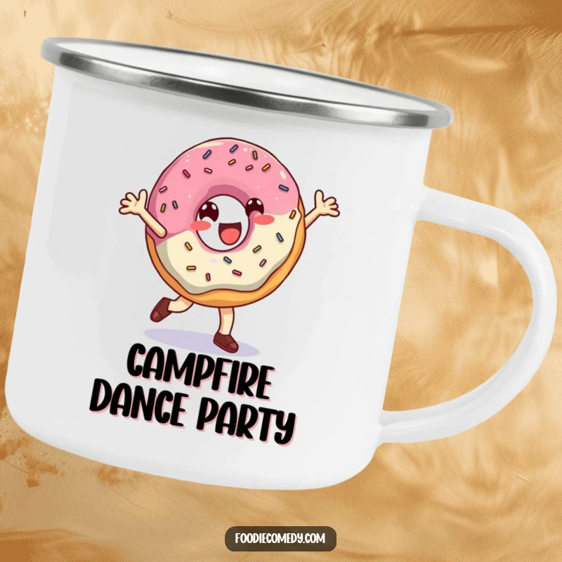 Funny Donut Camping Mug: A durable mug with a happy donut breakdancing with sprinkles, perfect for outdoor adventures and humor.