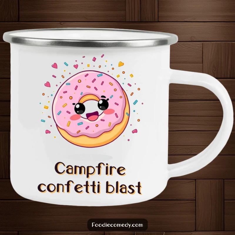 Funny camping mug with a delighted donut character exploding in sugary confetti, perfect for outdoor enjoyment.