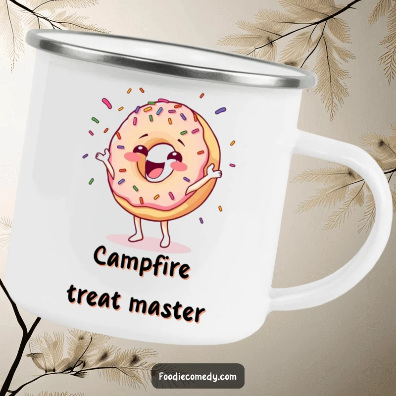 Funny donut enamel camping mug depicting a happy donut character gleefully juggling colorful sprinkles, perfect for outdoor dining.