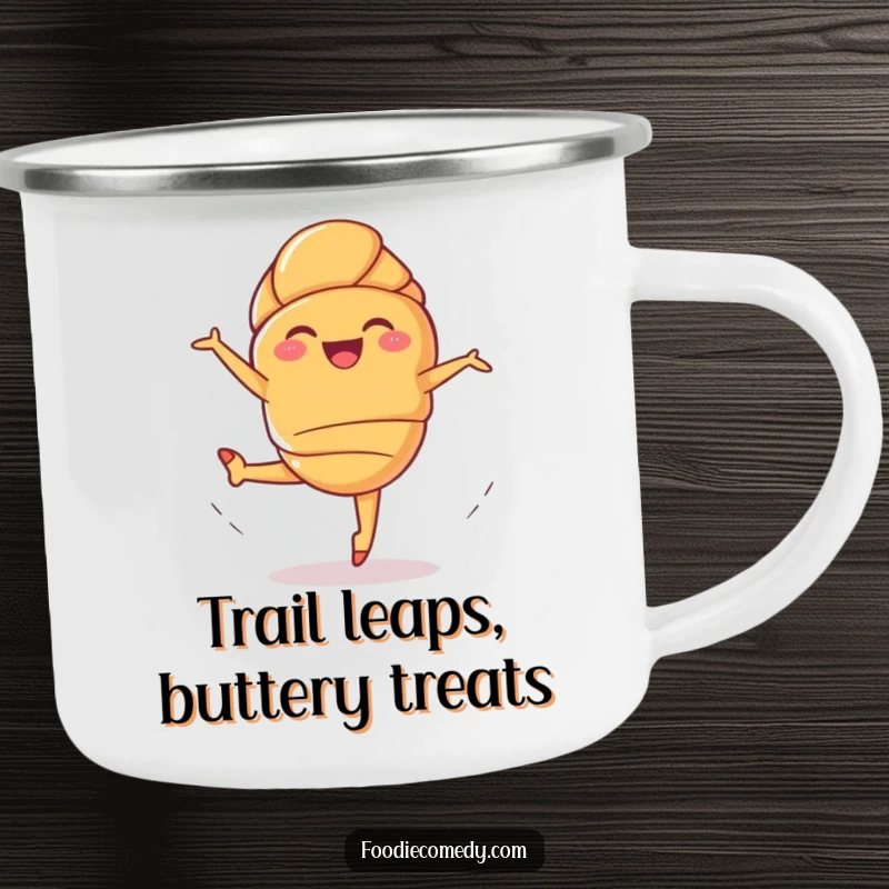 Funny Giggling Croissant Camping Mug: A pastry performing a ballet leap, ideal for humorous outdoor beverage enjoyment.