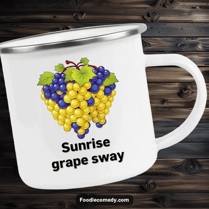 Funny camping mug featuring a bunch of grapes in a synchronized sway, perfect for enjoying beverages during rhythmic outdoor adventures.