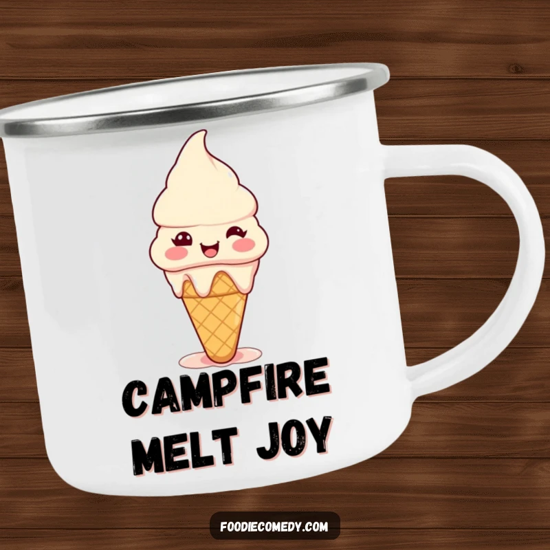 Funny ice cream cone camping mug with a tiny happy cone melting slightly with pure joy, perfect for enjoying drinks outdoors.