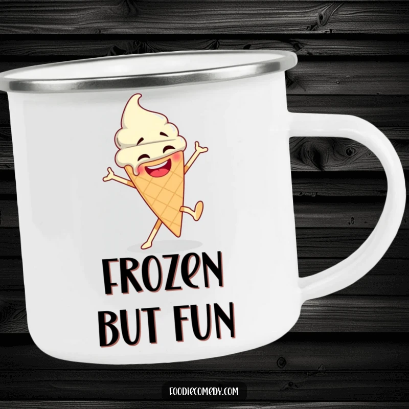 Funny Ice Cream Campfire Mug: A durable mug featuring a breakdancing ice cream cone, perfect for outdoor enjoyment and laughter.