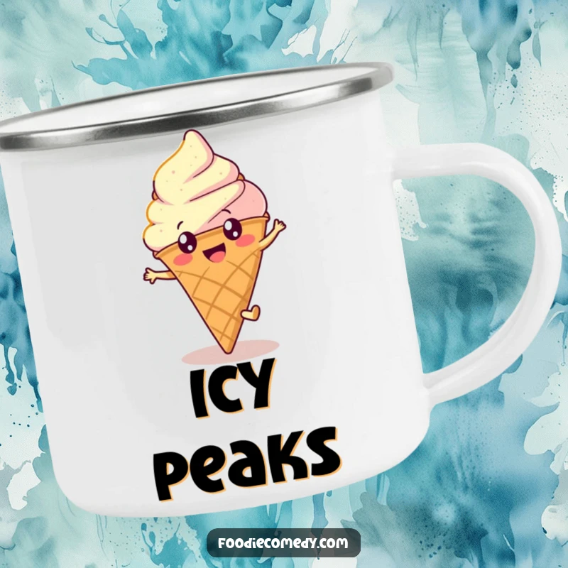 Funny ice cream camping mug showing a happy, round cone with bright eyes doing a cartwheel, perfect for outdoor enjoyment.