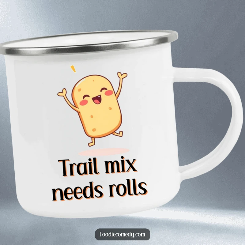 Funny camping mug featuring a bread roll doing a joyful jig, perfect for outdoor enthusiasts who love baked goods and humor.