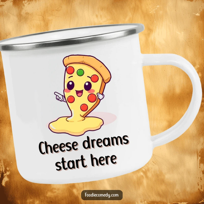 Funny camping mug with a kawaii pizza slice character pointing at a cheesy pool, suitable for outdoor enjoyment.