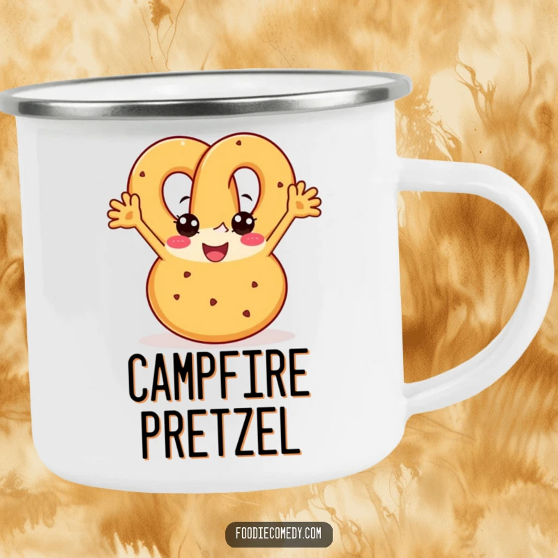 Funny pretzel camping mug with a joyful pretzel doing a boogie with enthusiasm, perfect for outdoor fun.