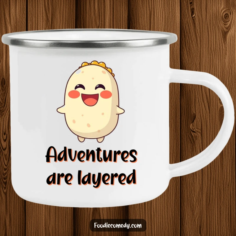 Funny camping mug featuring a smiling, spinning burrito with a joyful grin, for outdoor fiestas.