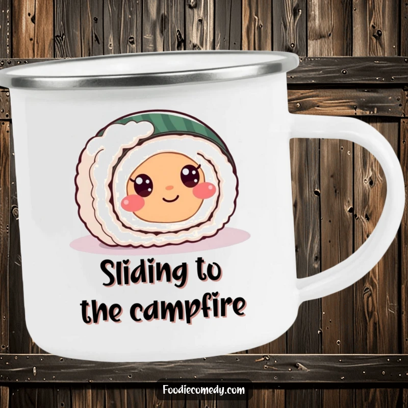 Funny sushi roll camping mug showing a happy sushi character with eyes sliding across a surface, suitable for outdoor fun.