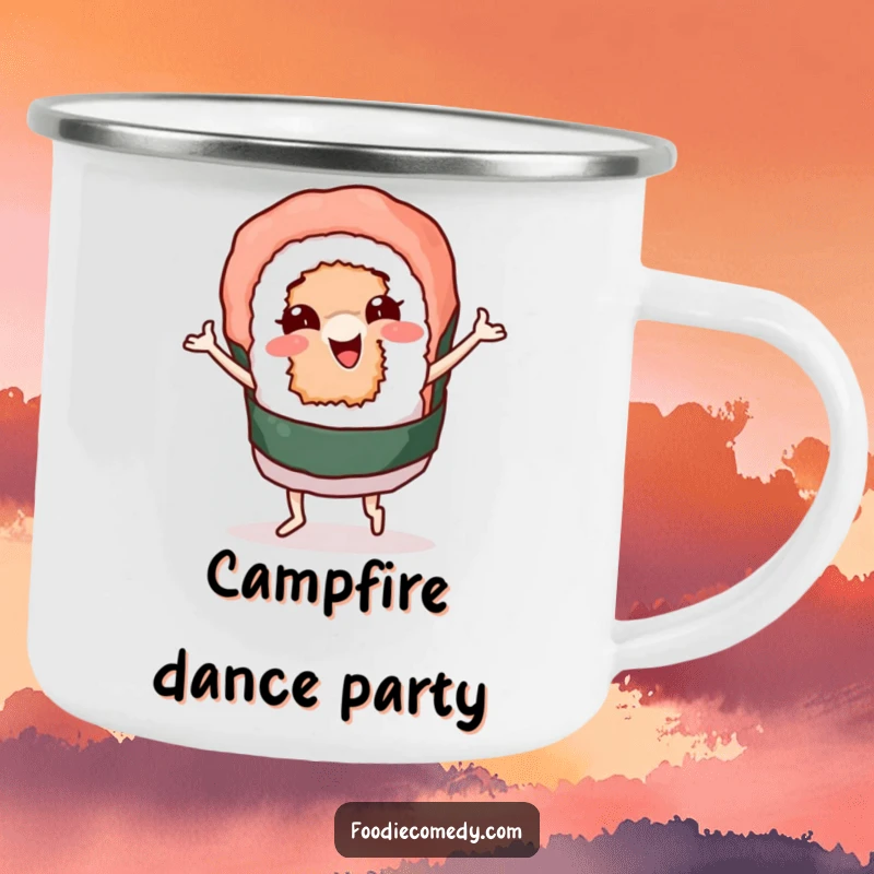 Funny camping mug showcasing a sushi roll character wiggling and dancing, perfect for outdoor adventures and adding a dose of culinary humor to your travels. A durable funny gift.