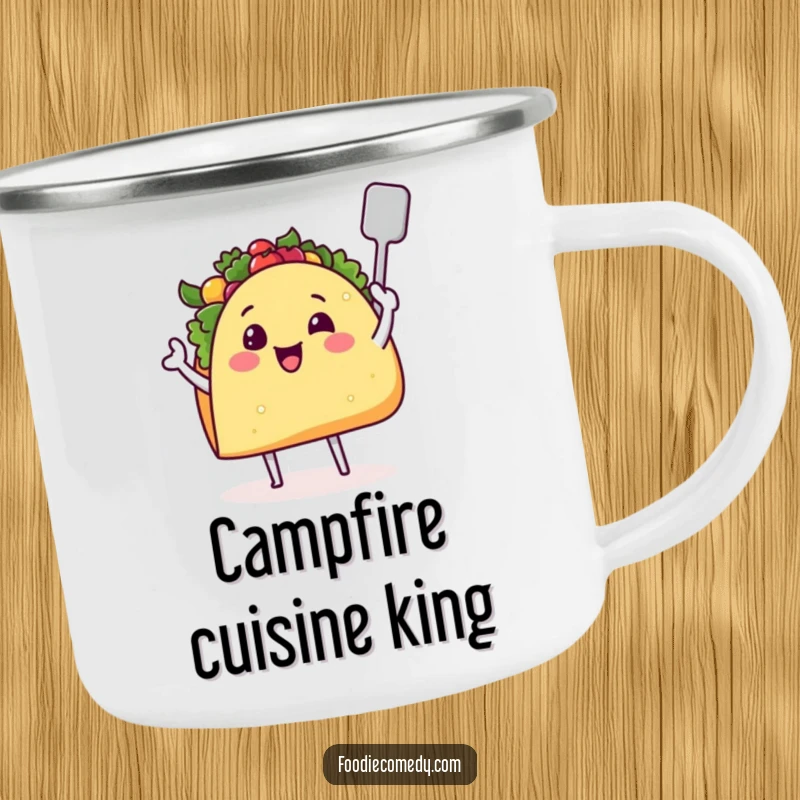 Funny taco enamel camping mug depicting a smiling taco with tiny legs and a spatula, perfect for outdoor dining.