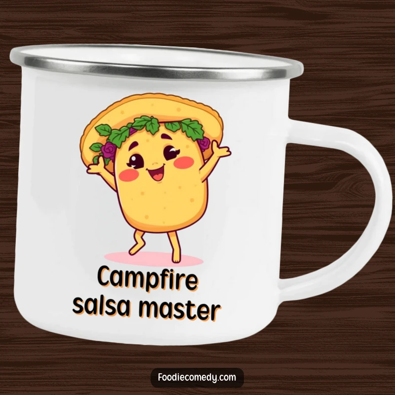 Funny taco camping mug, cheerfully salsa dancing with a wink, for outdoor fiesta adventures.